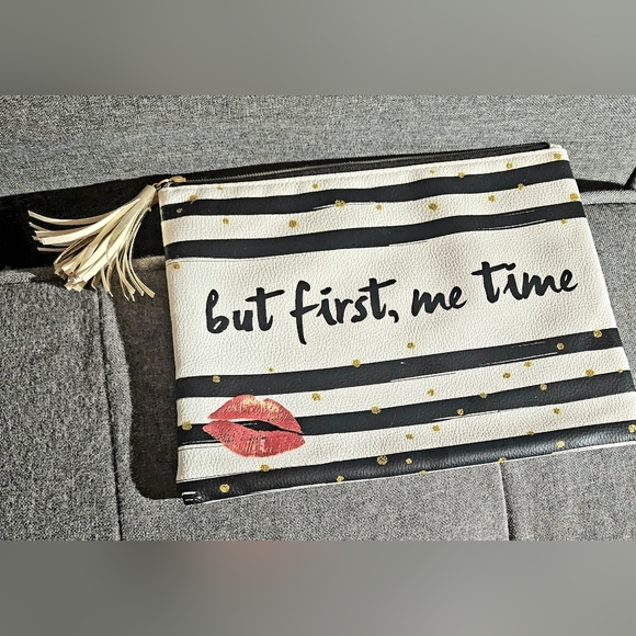 But first Me time black and white pin striped with kiss laege makeup pouch - Picture 2 of 5